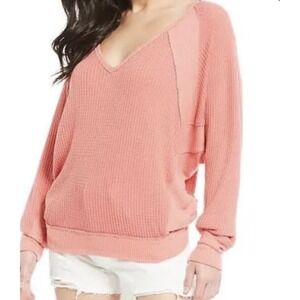 Free People We The Free Thermal V-Neck Top Prairie Rose Pink Waffle Knit Large